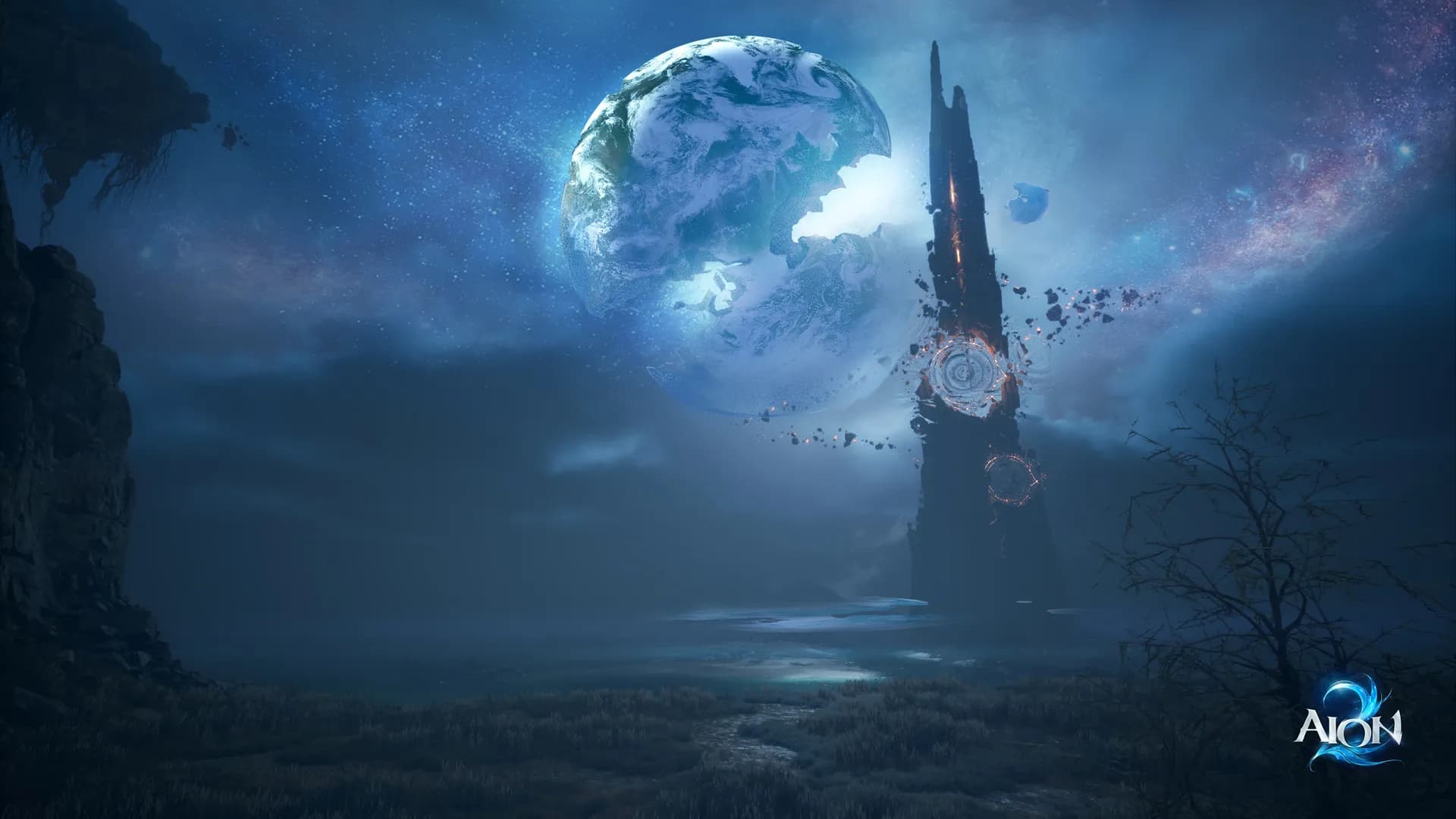 Ein Turm vor der zerklüfteten Himmelslandschaft von AION 2